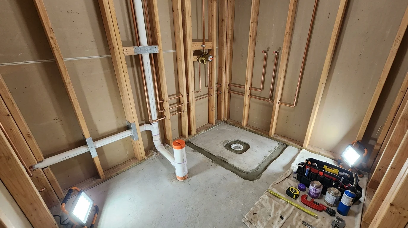 Bathroom rough-in plumbing during remodel by Johns Plumbing LLC in Dillsboro