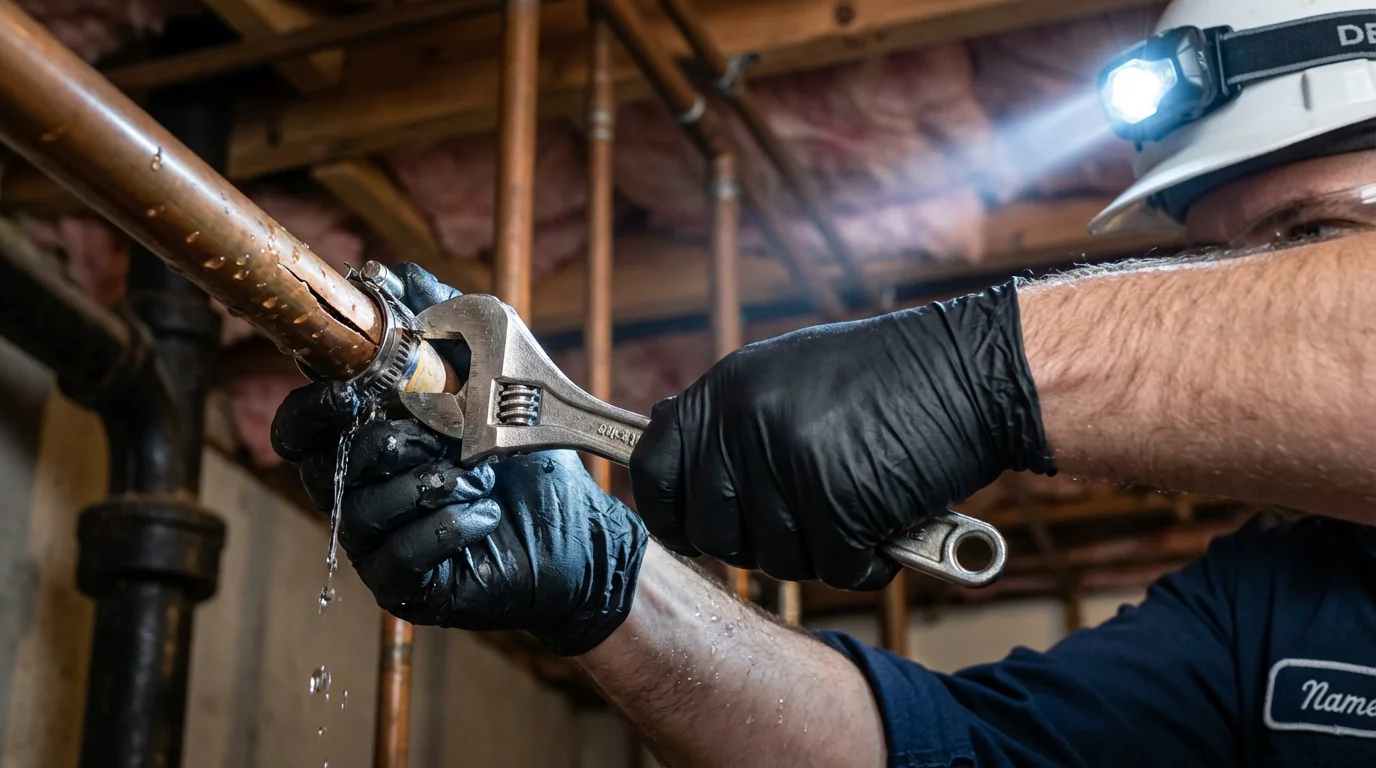 Emergency pipe clamp repair being performed by a Johns Plumbing LLC plumber in Dillsboro