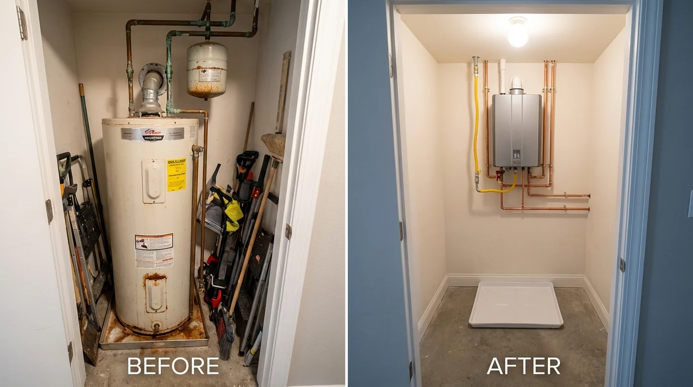 Tank water heater versus wall-mounted tankless unit comparison for Dillsboro, IN homeowners
