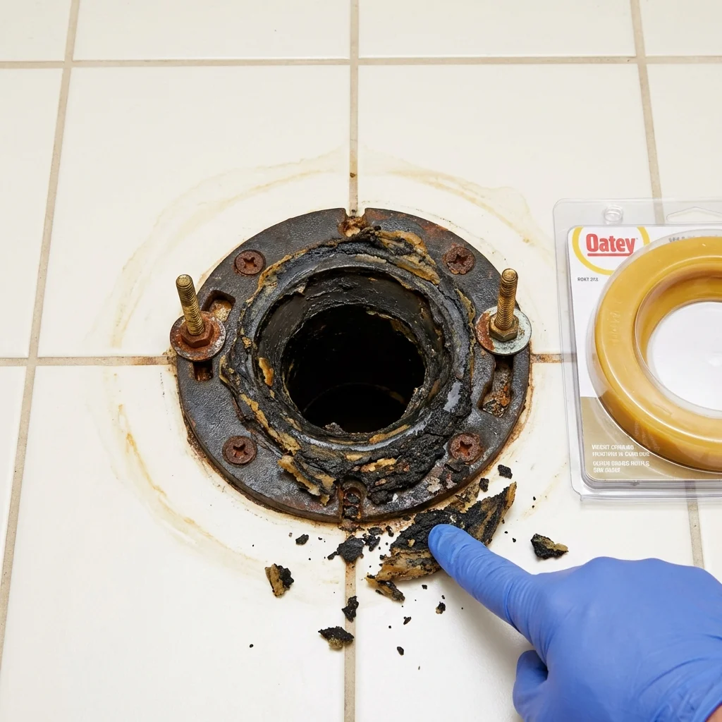 Failed wax ring showing water seepage at the base of a toilet in a Dillsboro, IN home