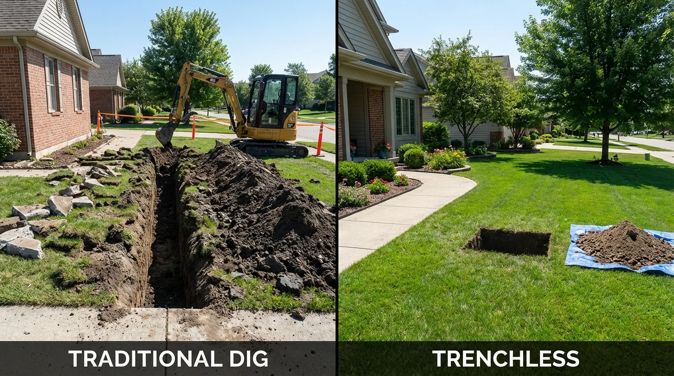 Trenchless sewer repair with minimal yard damage versus traditional excavation in Dillsboro, IN